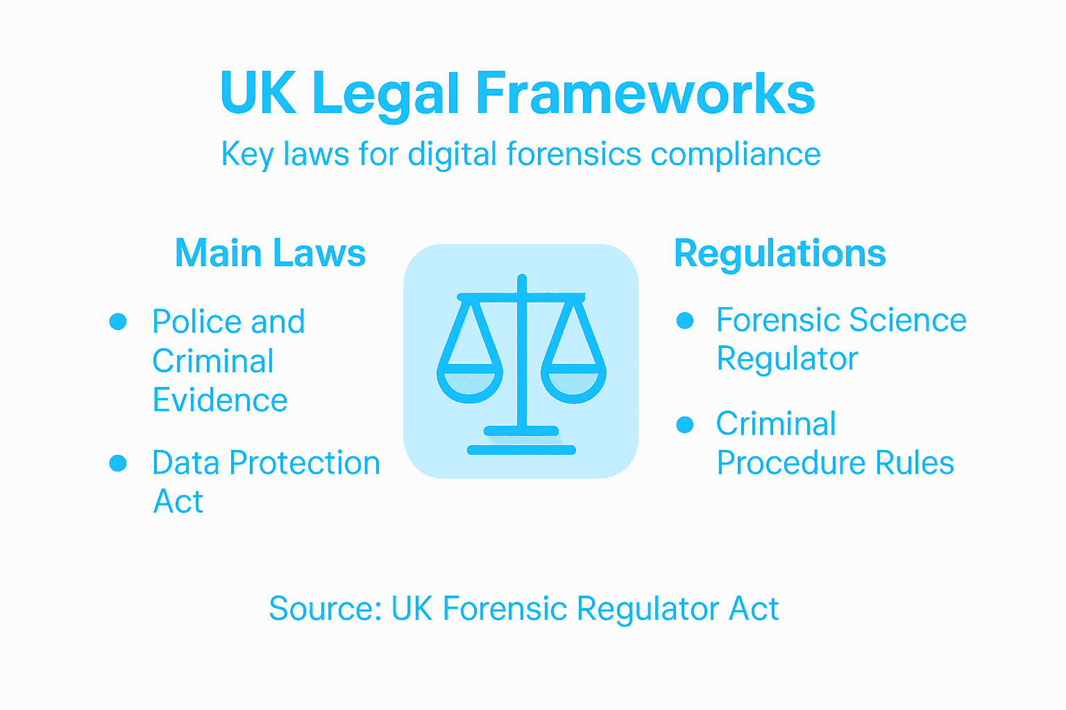 Legal Considerations for Digital Forensics: UK Compliance 1 Infographic outlining UK legal frameworks for forensics
