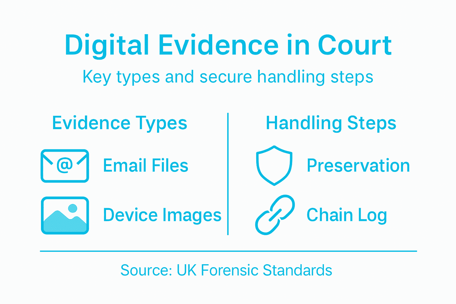 Digital Forensics in UK Courts: Securing Justice 2 Infographic showing types and handling steps for digital evidence