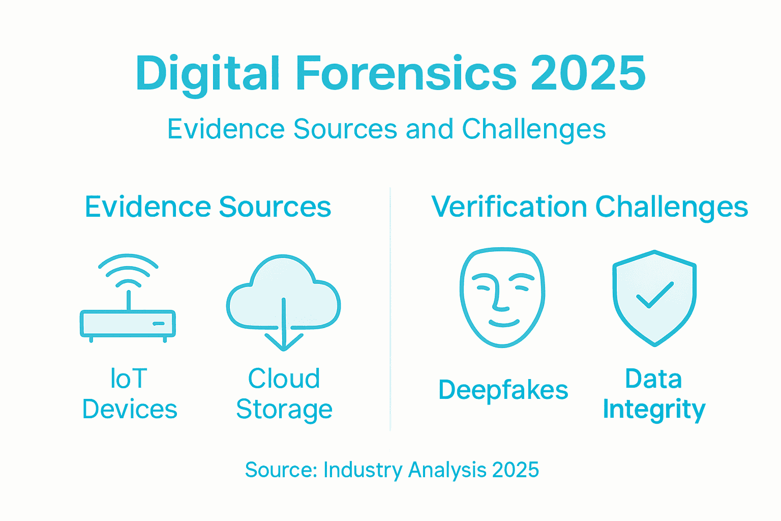 Role of Digital Forensics in 2025: Legal and Corporate Impact 1 Infographic of forensic evidence sources and challenges