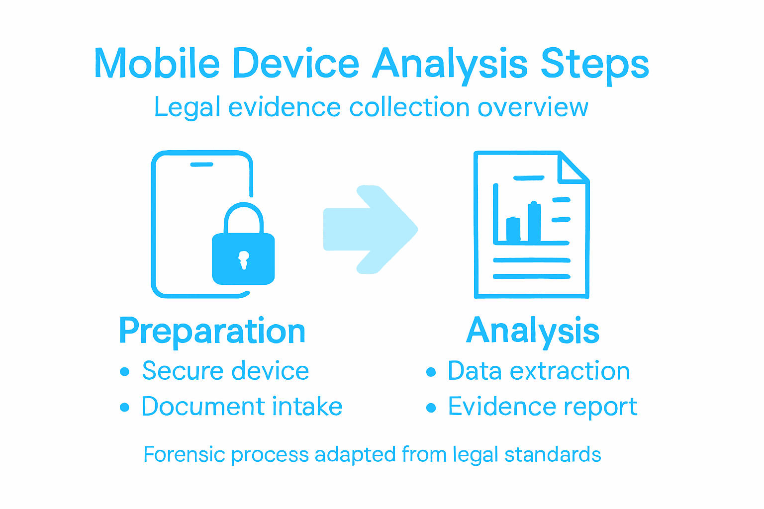 Step by Step Mobile Device Analysis for Legal Evidence 2 Infographic summarizing mobile device analysis steps