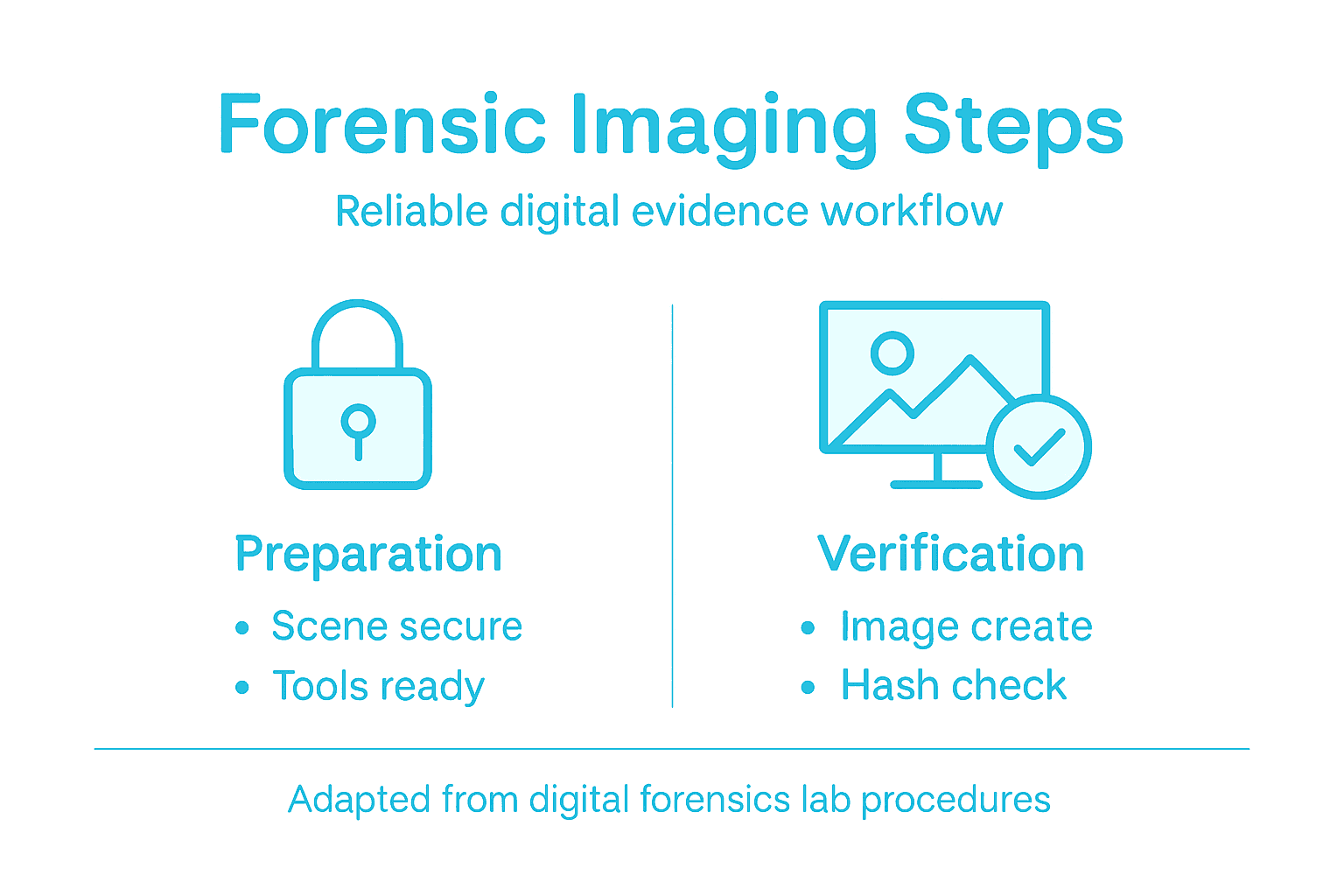 Forensic Imaging Process for Reliable Legal Evidence 2 Infographic outlining forensic imaging steps and categories