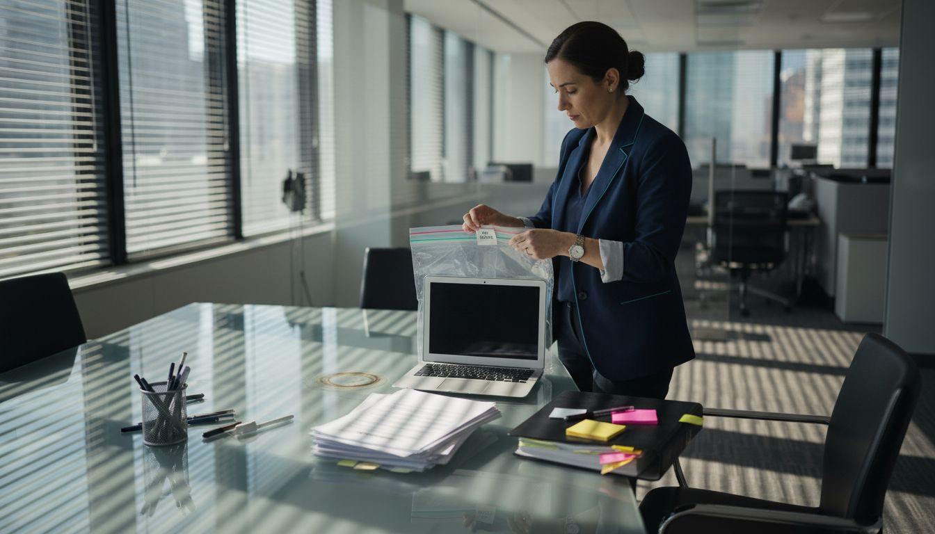 Digital Forensics in Compliance: Ensuring Legal Integrity 2 Compliance officer sealing evidence bag in meeting room