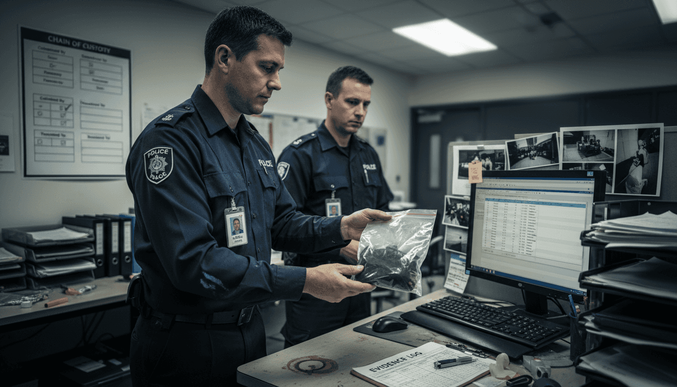 Documentation in Forensics – Ensuring Evidence Integrity 2 Technician handing evidence bag for custody log