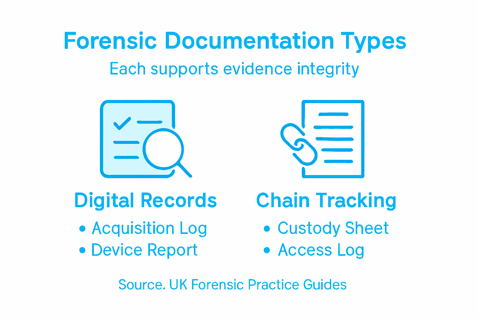 Documentation in Forensics – Ensuring Evidence Integrity 1 Infographic showing forensic documentation types