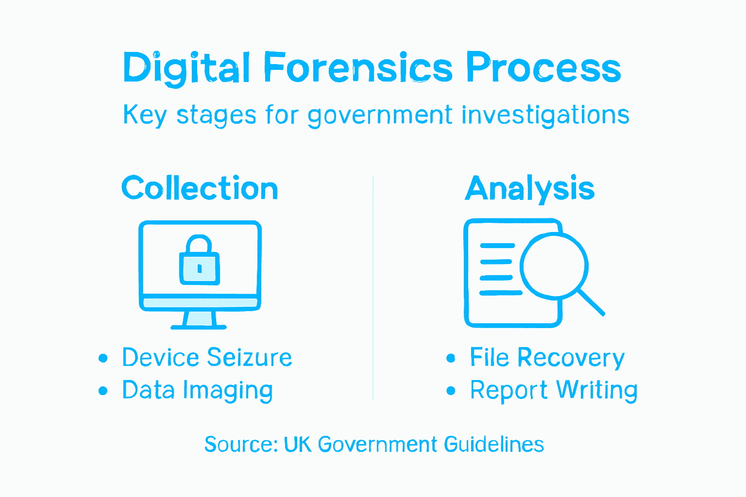 Why Governments Need Digital Forensics: Ensuring Security and Justice 2 Infographic illustrating digital forensics investigation steps