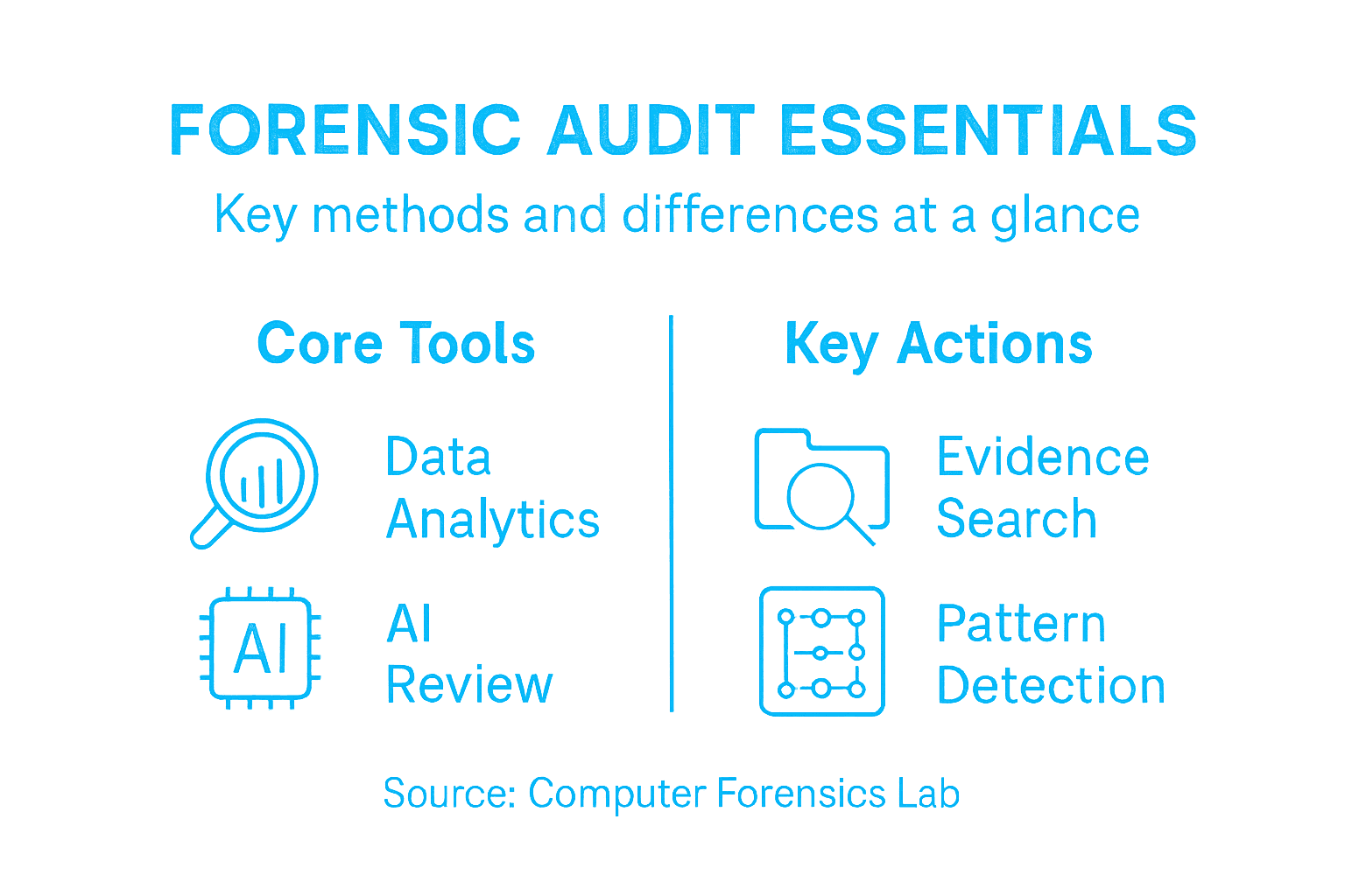 Forensic Audits – Safeguarding Legal and Corporate Interests 2 Infographic on forensic audit methods and tools
