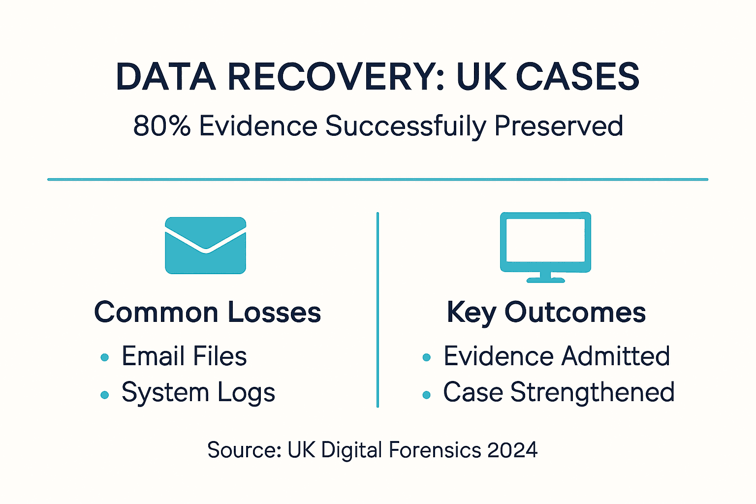 Data Recovery UK Legal Cases: 80% Evidence Preserved 2 Infographic on UK legal data recovery statistics