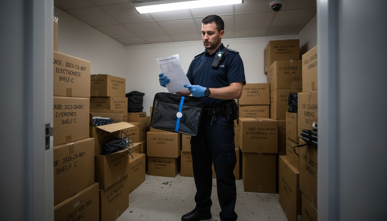 Digital vs Physical Evidence UK 2026: 30% Mishandling Risk 1 Officer handles physical evidence in storage room