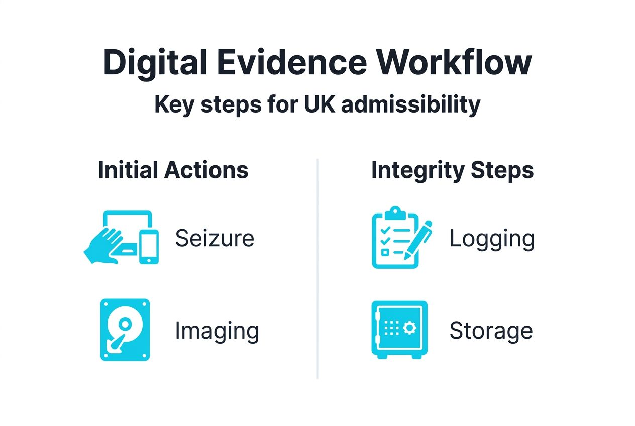 Computer forensics guide: digital evidence handling UK 1 Infographic showing UK digital evidence workflow steps