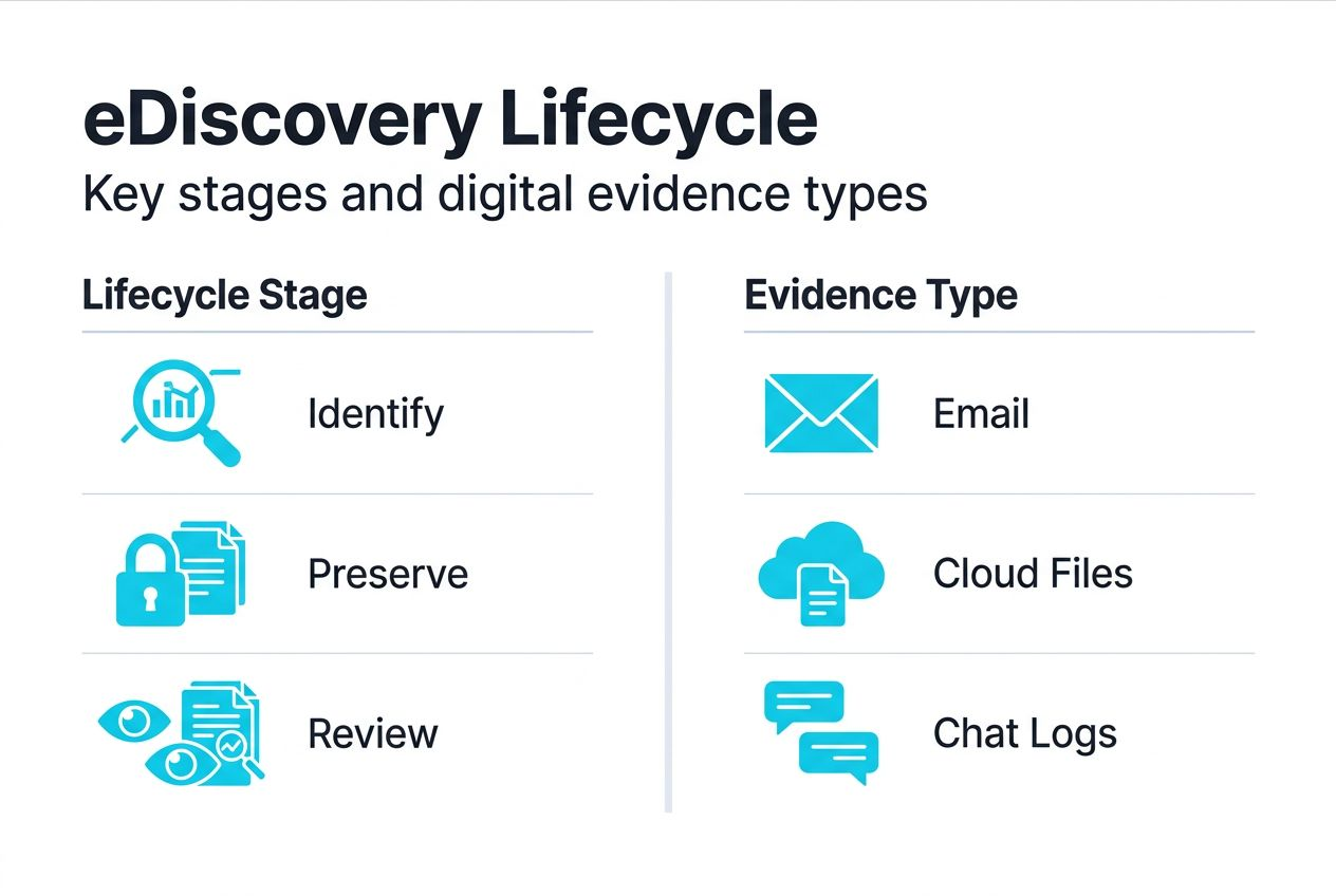 What is electronic discovery? A UK legal guide 2026 1 Infographic shows lifecycle stages and evidence types