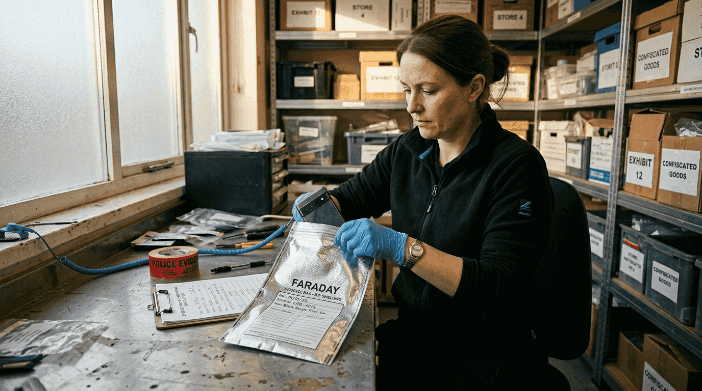 Mobile phone forensics: best practices for UK legal work 2 Technician placing smartphone in Faraday bag