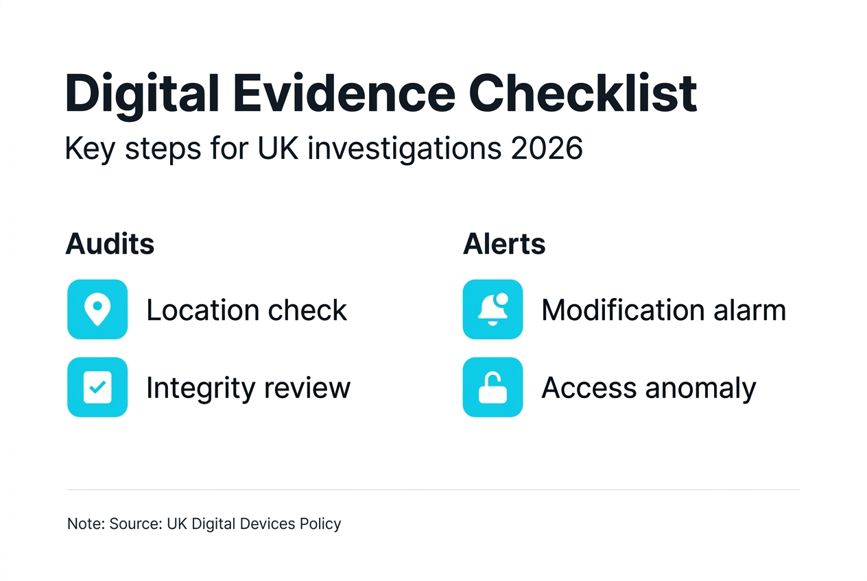 Digital evidence preservation checklist UK investigations 2026 2 Infographic of UK digital evidence checklist steps