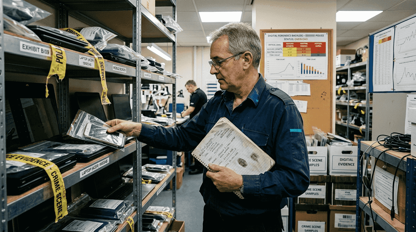 Digital evidence preservation checklist UK investigations 2026 1 Technician organizing digital evidence backlog