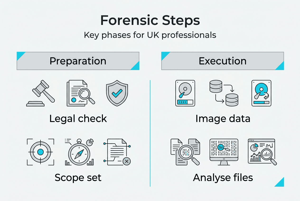 Forensic investigation steps: UK professionals' guide 1 Infographic showing main forensic investigation steps