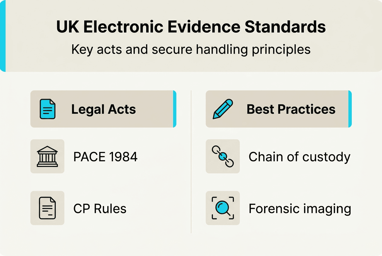 Electronic evidence handling guide for UK professionals 2026 1 Infographic highlighting UK evidence standards and practices