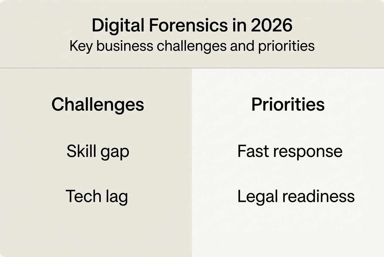 Why businesses need digital forensics in 2026 2 Infographic of digital forensics challenges and priorities