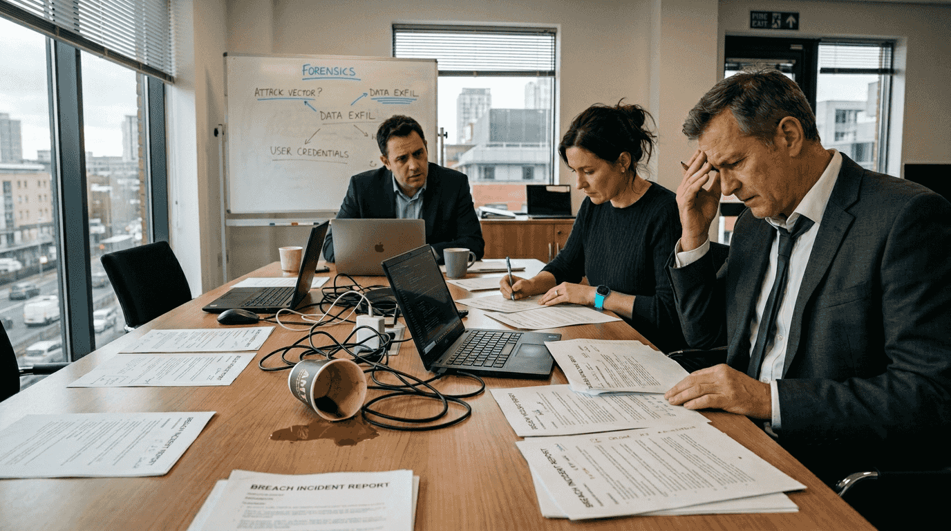 Why businesses need digital forensics in 2026 1 Team discussing breach at boardroom table