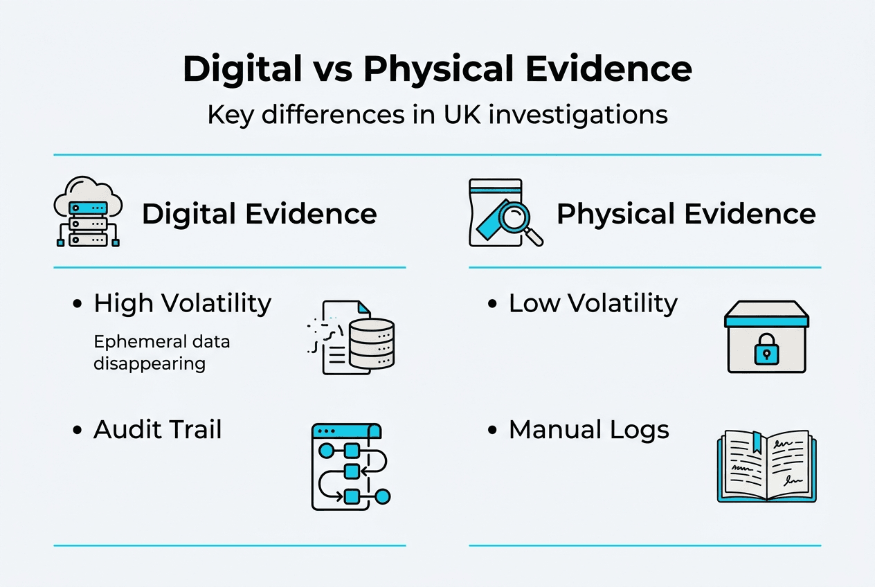 Why secure digital evidence matters for UK investigations 1 Infographic comparing digital and physical evidence