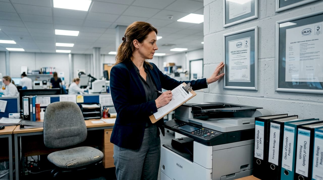 Choosing leading forensic companies for UK legal cases 2026 1 Officer checking ISO certificates in forensic lab