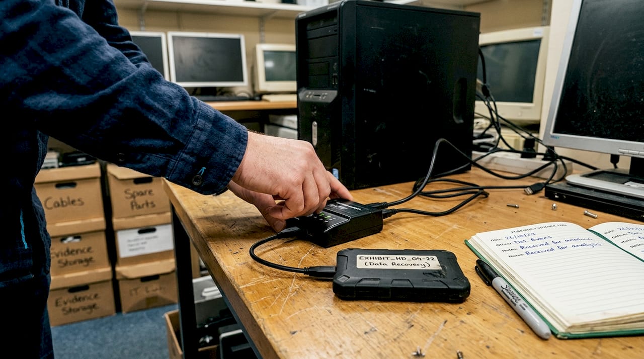 Essential computer forensics tools and techniques for UK investigators 1 Hands connecting hard drive to write-blocker