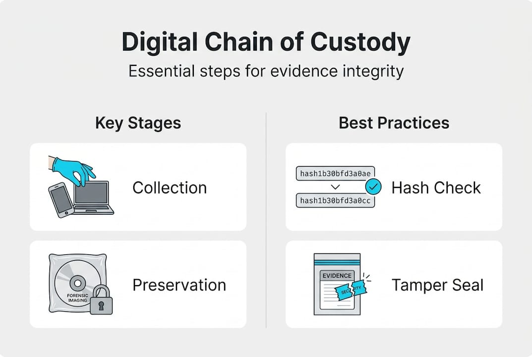 What is digital chain of custody: ensuring legal evidence integrity 1 Infographic of digital chain of custody steps