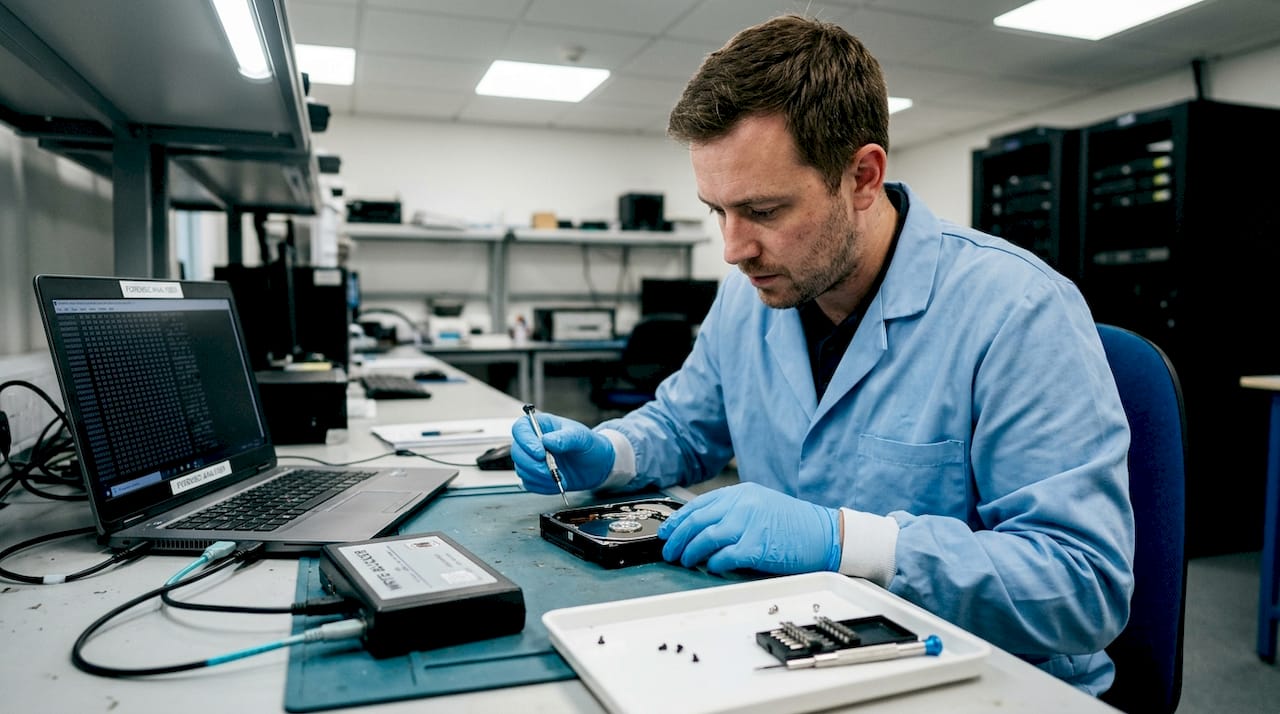 What is data recovery? A guide for UK legal professionals 2 Forensic analyst inspecting hard drive