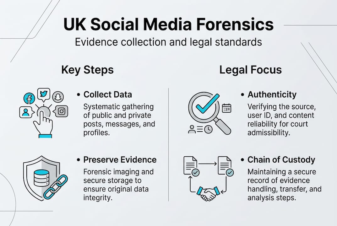 What is social media forensics: guide for UK legal pros 1 Infographic on social media forensic steps and legal focus
