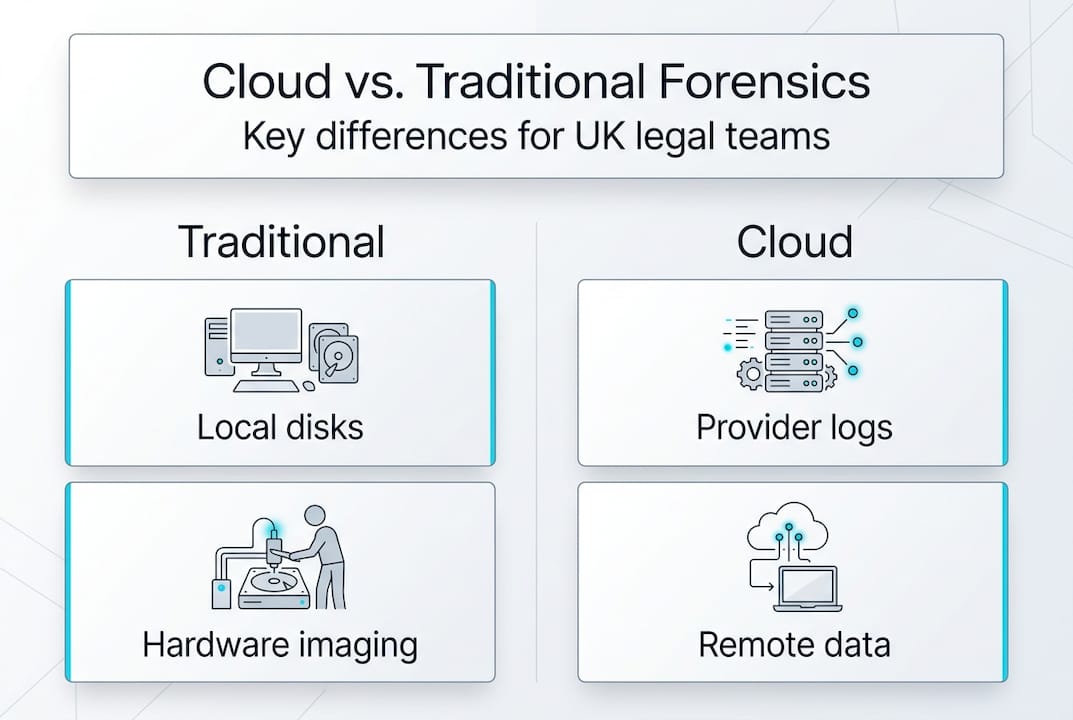 What is cloud forensics: a guide for UK legal professionals 2 Infographic comparing cloud and traditional forensics