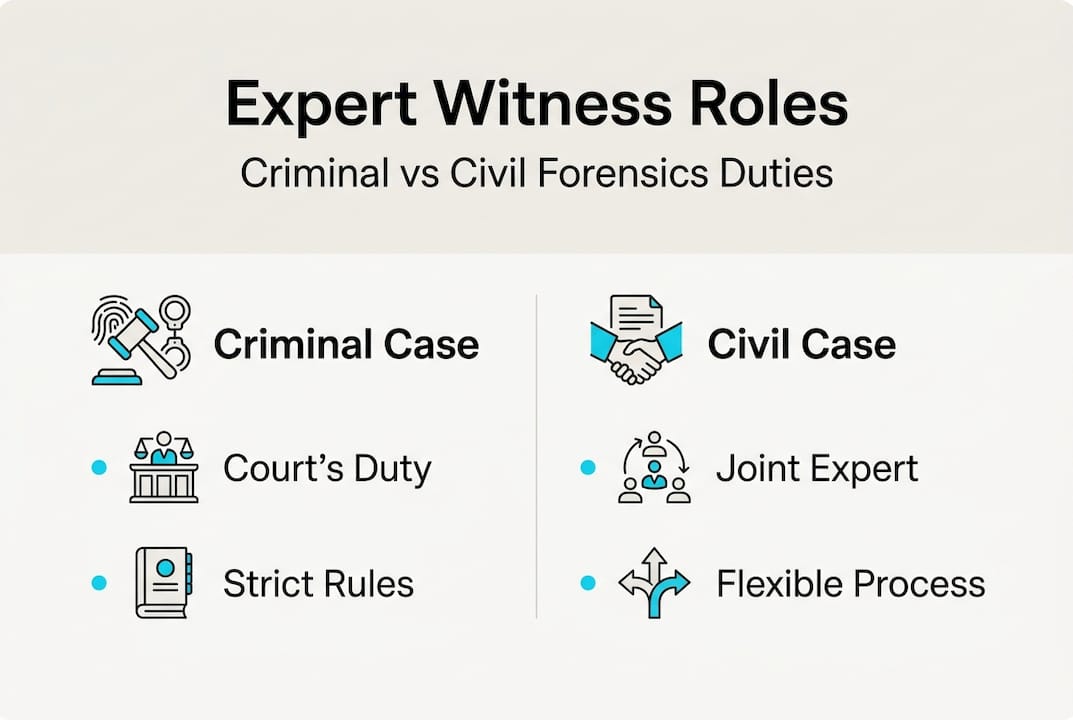 Expert witnesses in digital forensics: roles and duties 2 Infographic comparing expert witness roles in criminal and civil cases