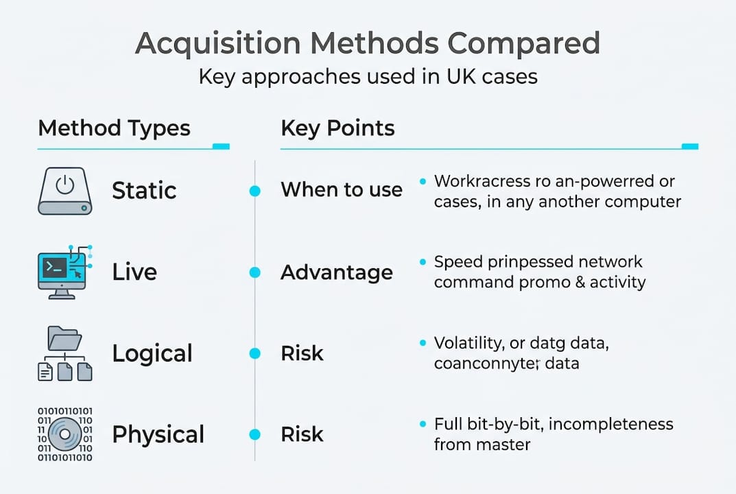 Forensic acquisition explained: key principles for UK legal cases 2 Infographic comparing forensic acquisition methods