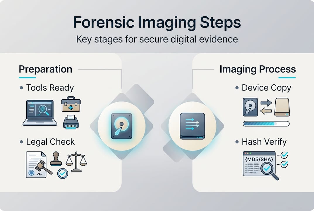 Forensic imaging steps: a practical guide for digital evidence 2 Infographic outlining forensic imaging steps