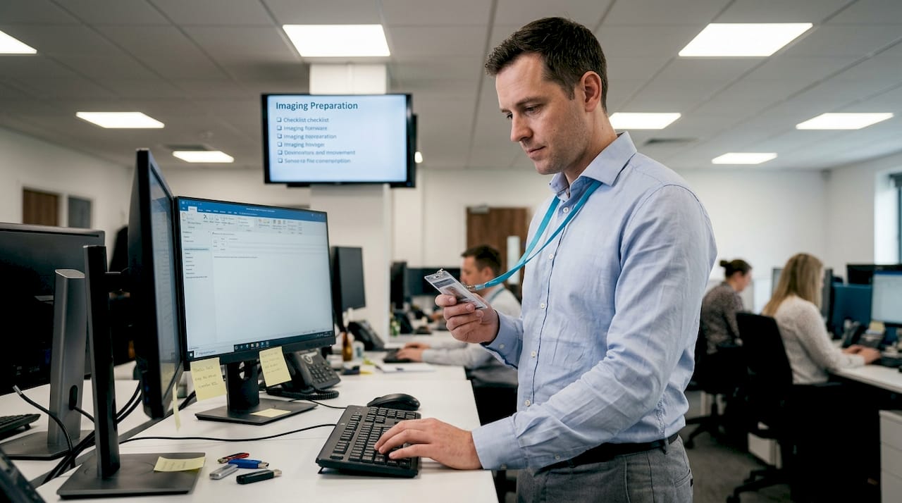 Forensic imaging steps: a practical guide for digital evidence 1 Forensic examiner checking credentials at desk