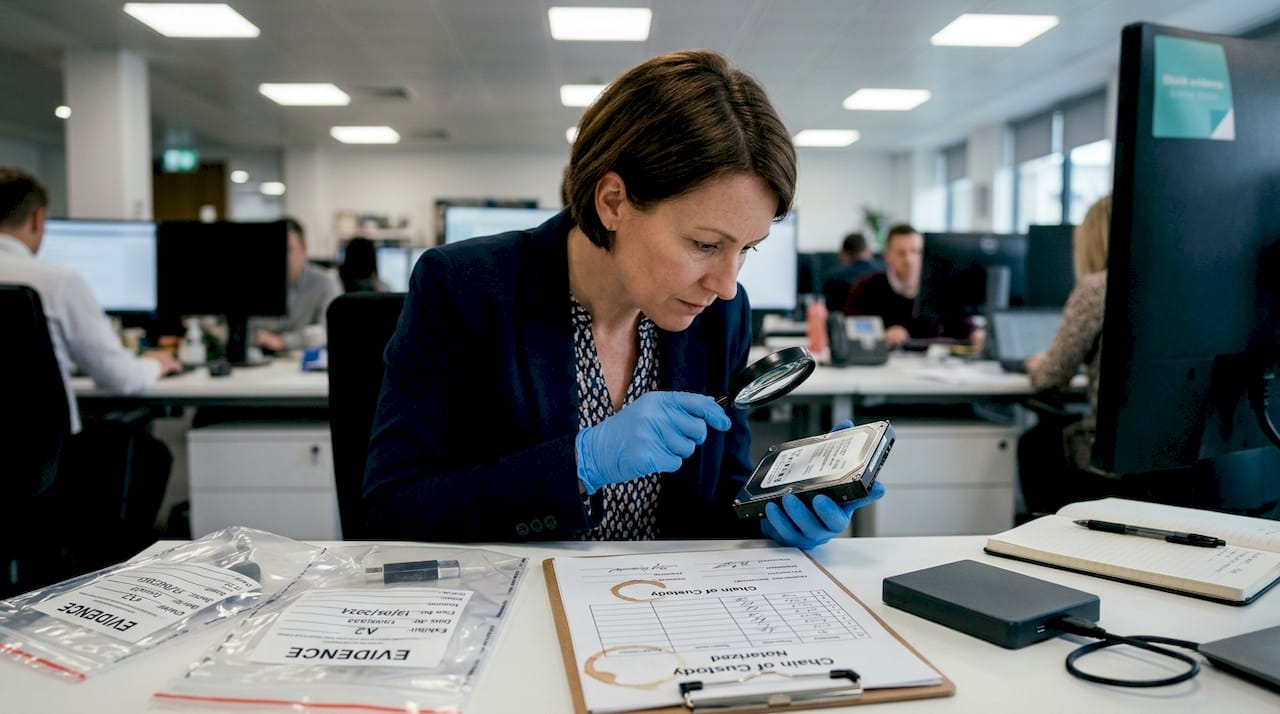 Electronic disclosure: legal strategies and digital forensics 2 Forensic expert inspecting digital evidence at desk