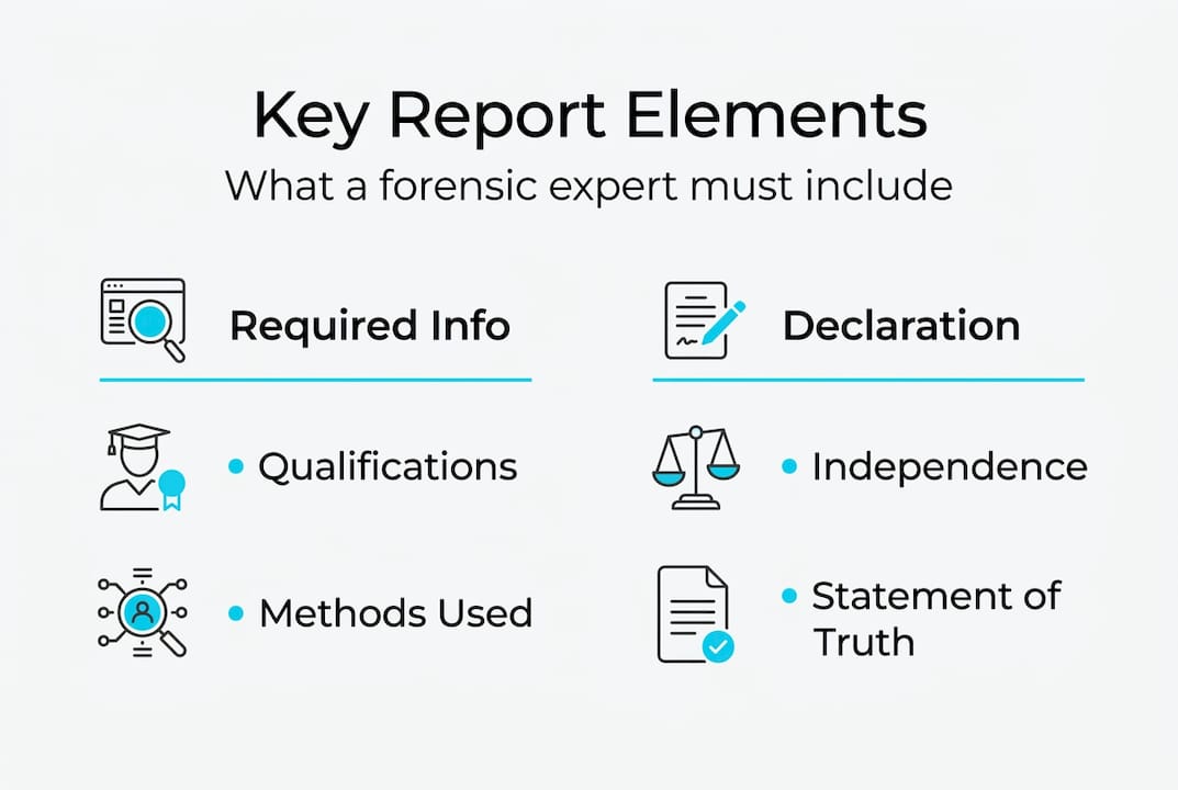 Expert witness testimony in digital forensics: UK guide 1 Infographic about key elements of expert reports