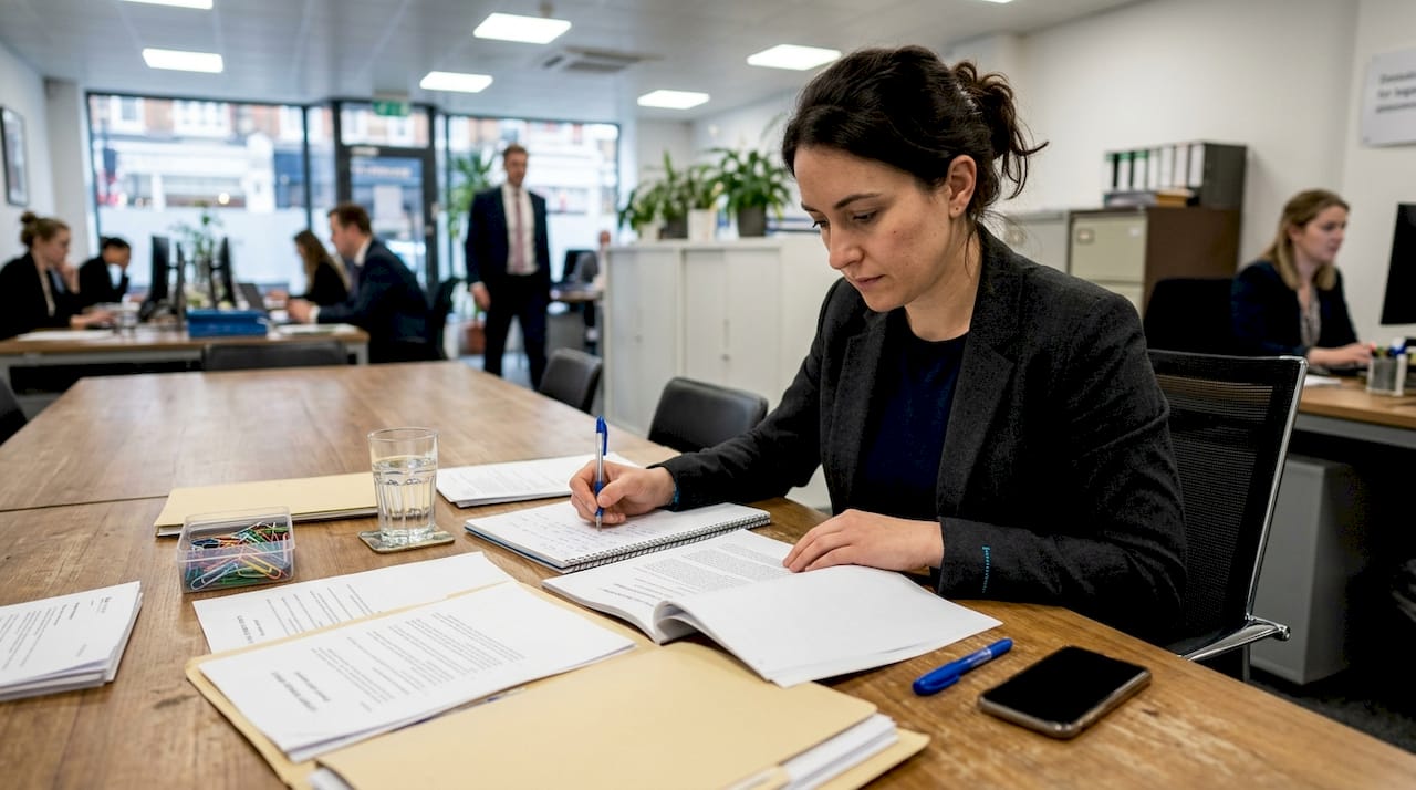 Expert witness testimony in digital forensics: UK guide 2 Solicitor reviewing expert witness report at desk