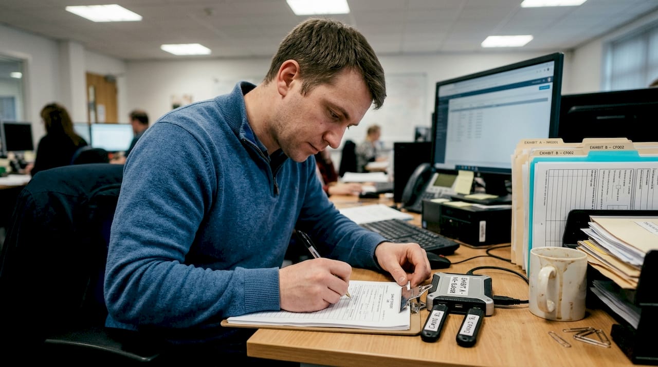 Digital investigation workflow: complete UK guide 2026 1 Forensic examiner maintaining custody log