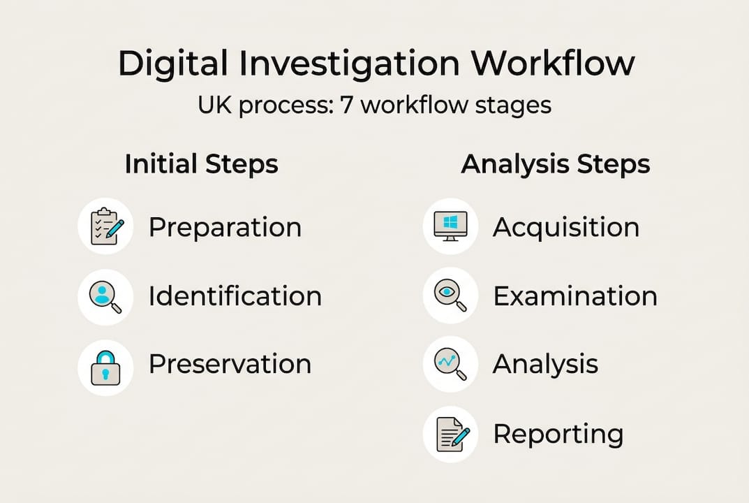 Digital investigation workflow: complete UK guide 2026 2 Infographic of UK digital investigation stages