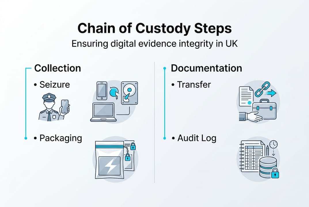 Essential digital evidence handling: UK guide 2026 2 Infographic chain of custody steps UK