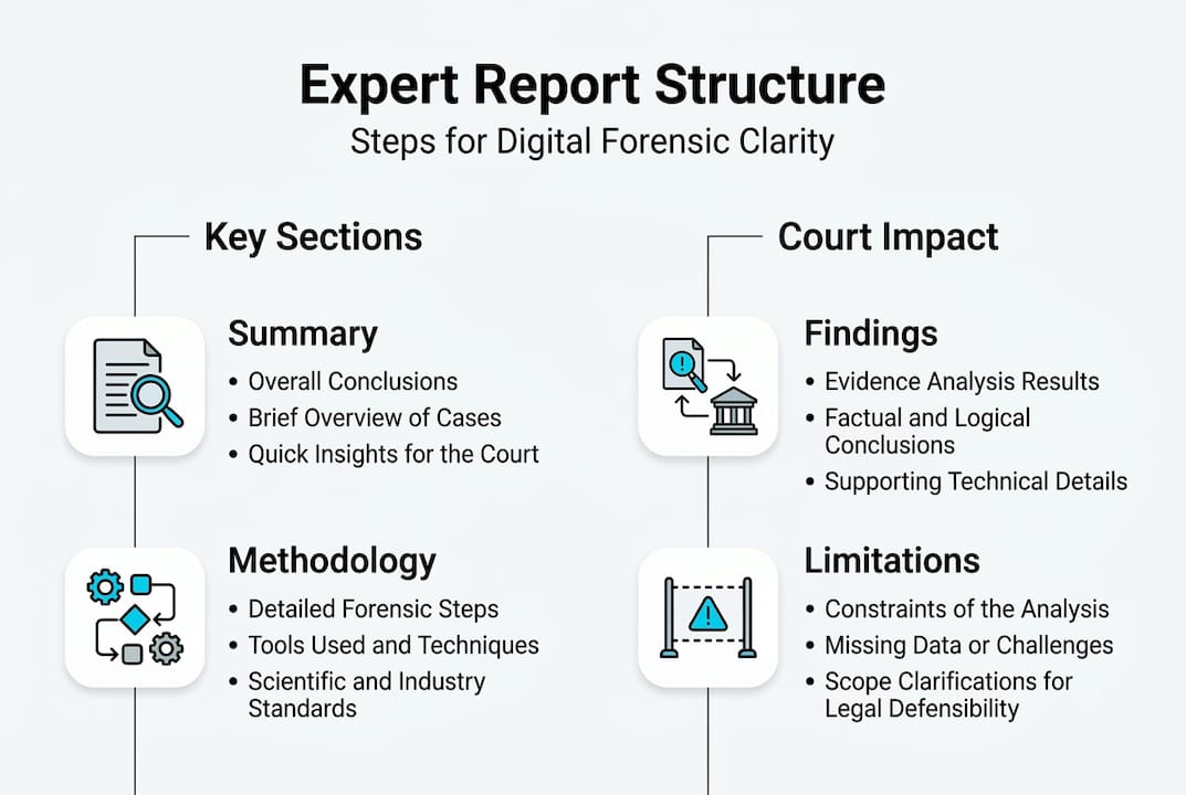 How to prepare an expert witness report: digital forensics 2 Infographic showing expert report structure overview