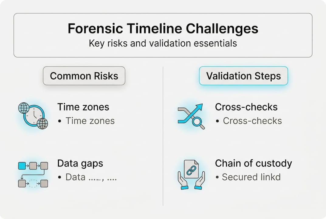 Forensic timeline analysis: tools, challenges, best practices 2 Infographic of forensic timeline risks and validation
