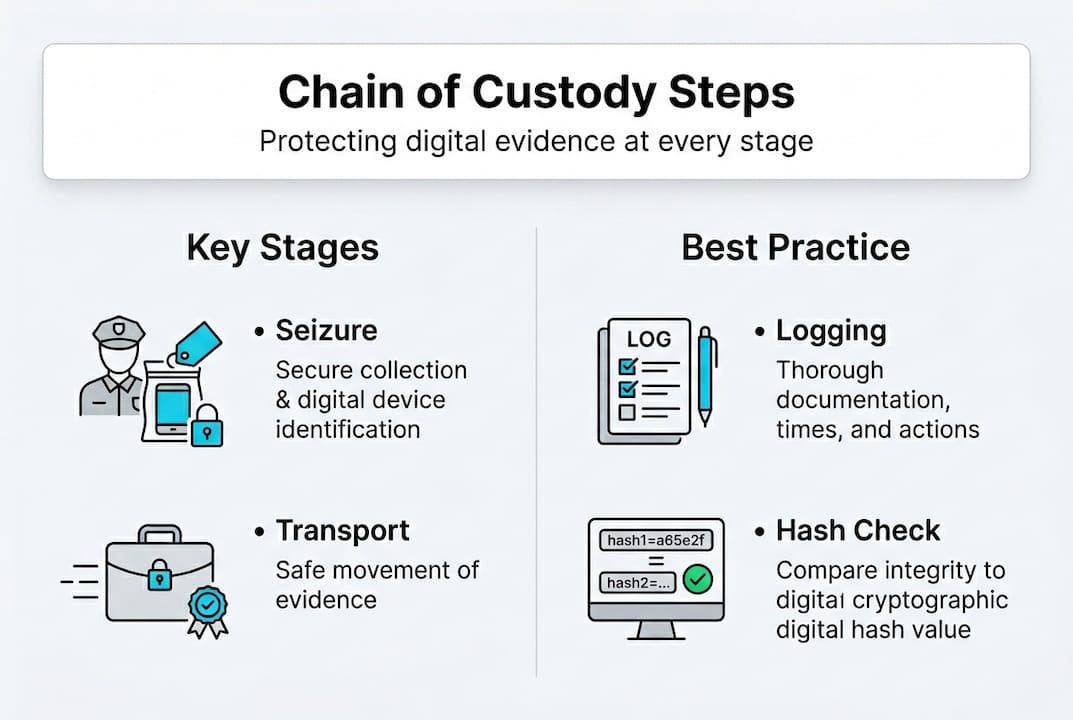Why chain of custody is crucial for digital evidence 2 Infographic showing digital evidence chain steps