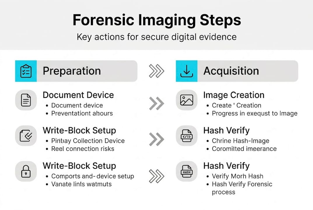 Forensic imaging explained: securing digital evidence 2 Infographic outlining forensic imaging main steps