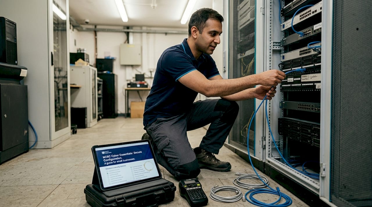 Cybersecurity best practices: UK essentials for resilient defence 1 IT worker configuring network device in server room