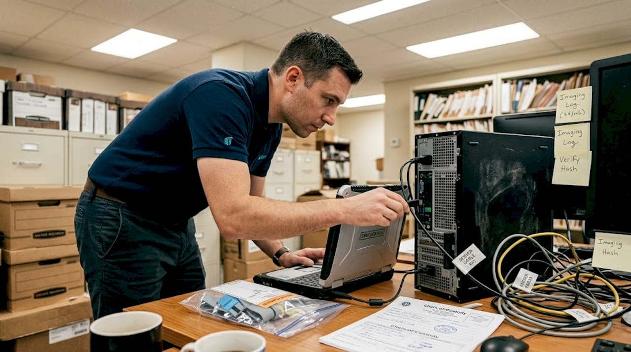 How forensics transforms HR investigations: fairer outcomes 1 Technician imaging work PC for forensics