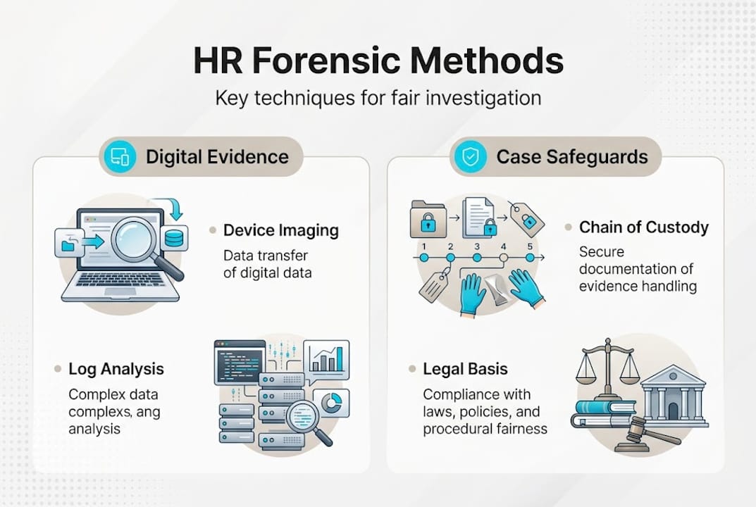 How forensics transforms HR investigations: fairer outcomes 2 Infographic of HR forensics with techniques and safeguards