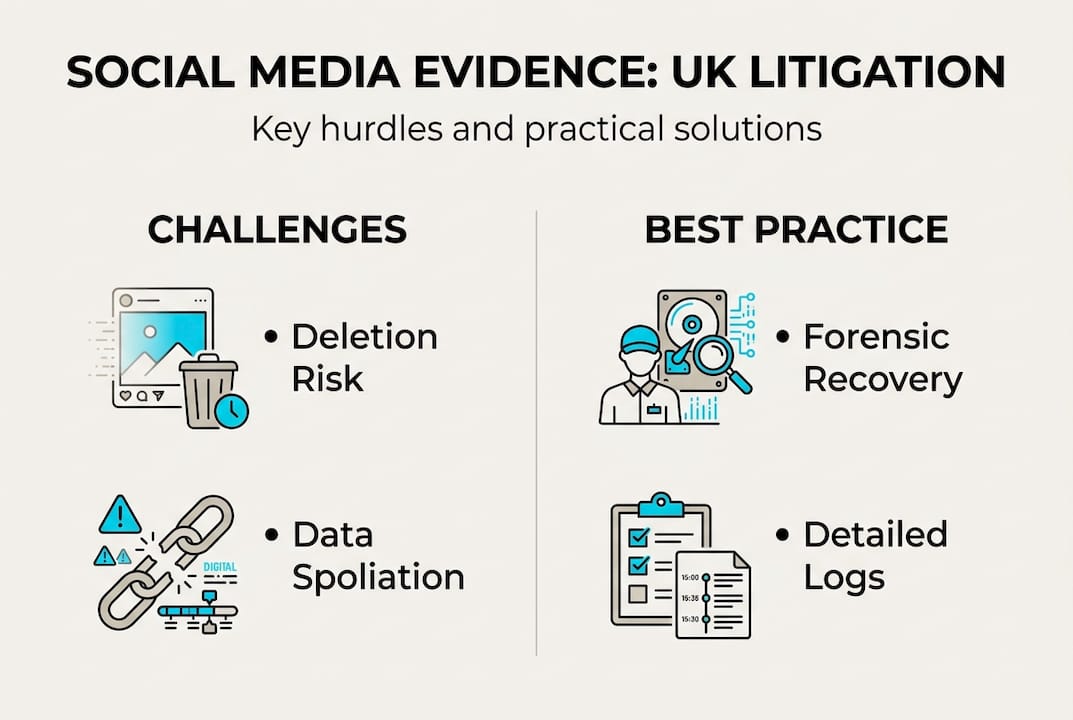 Master social media evidence for UK litigation: 2026 guide 2 Infographic on social media evidence litigation challenges