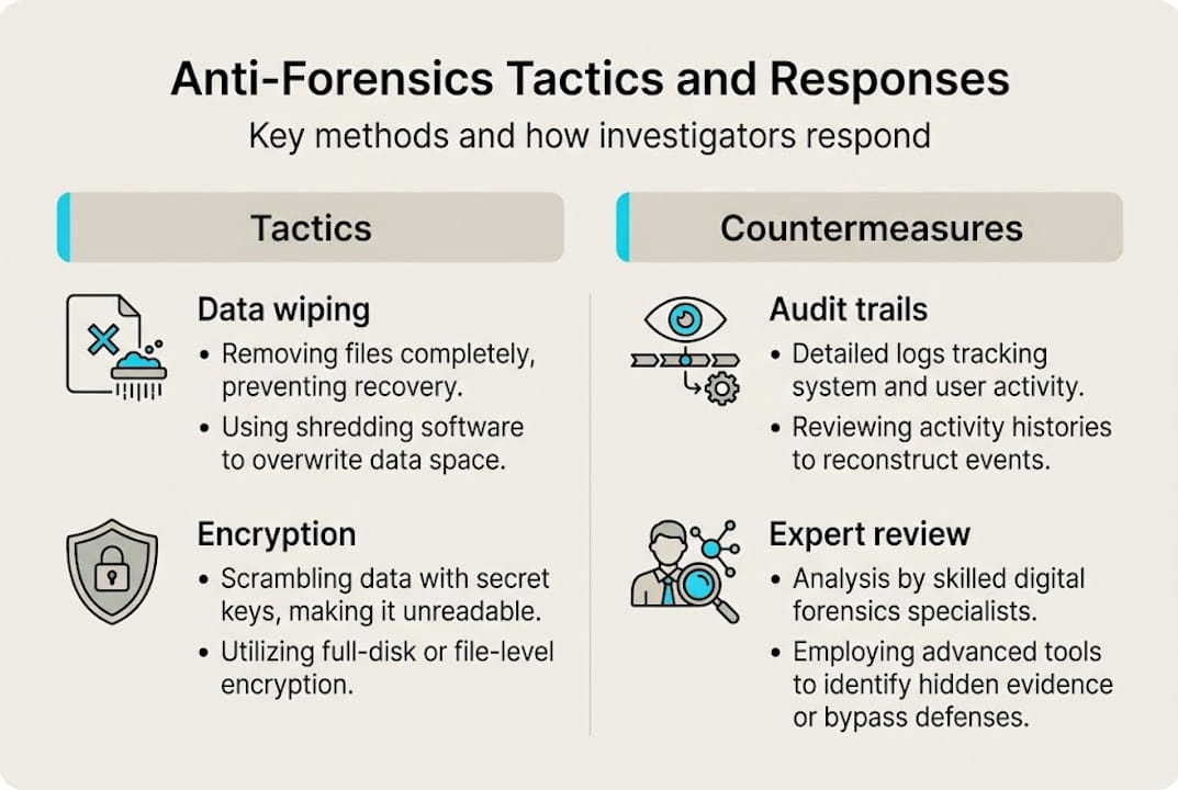 Understanding anti-forensics: tactics, impact and countermeasures 2 Infographic on anti-forensics tactics and responses