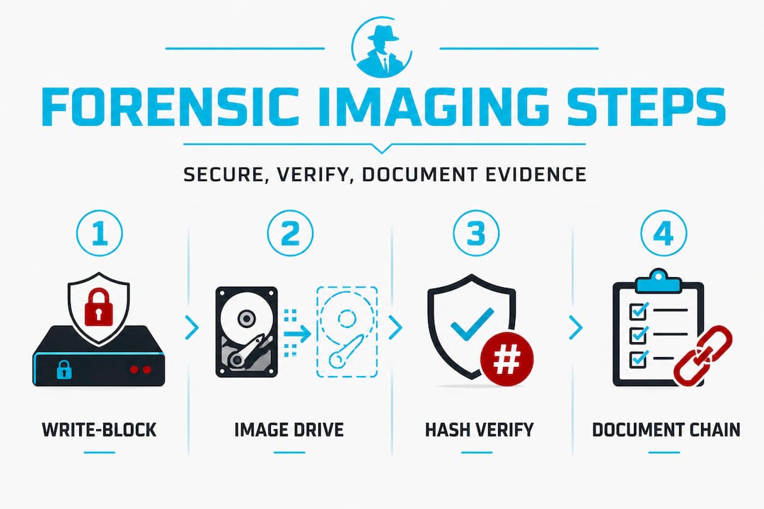 Forensic imaging: why it's vital for legal cases 1 Infographic with forensic imaging step process
