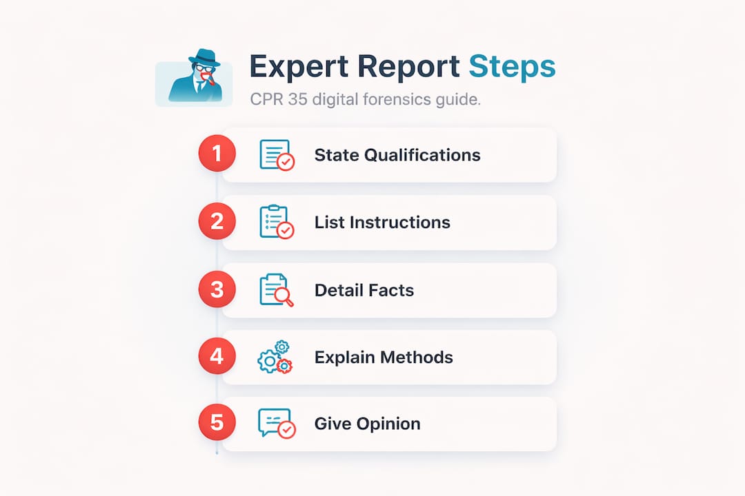 Expert witness reports: UK digital forensics legal guide 1 Infographic showing expert report compliance steps