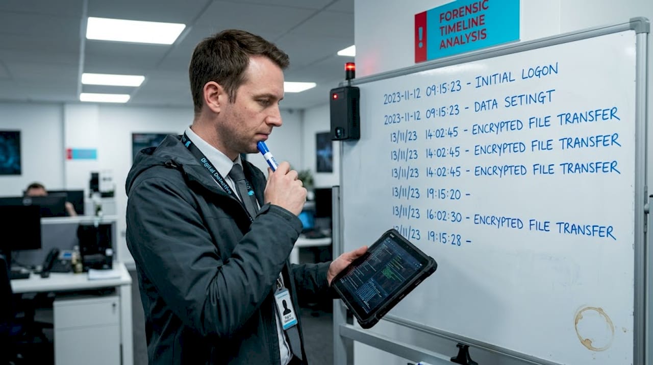 Master investigative interview tips for digital forensics 1 Forensic analyst reconstructs timeline on office whiteboard